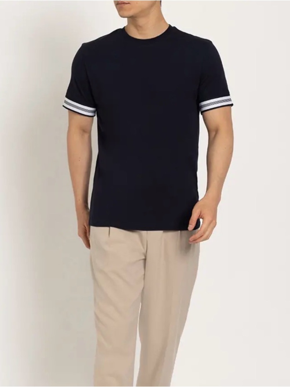 REISS Navy Short-Sleeve Tee with White Stripe Sleeve Detail